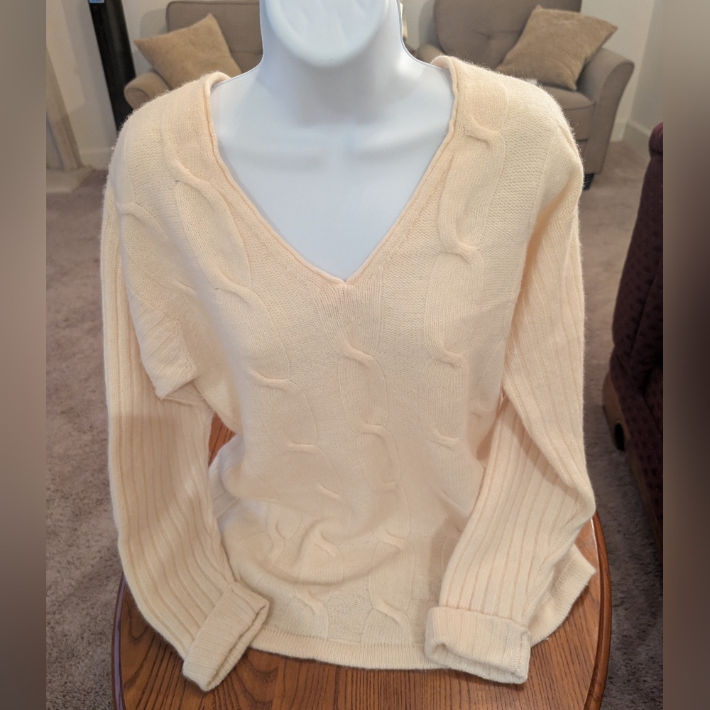 Cream Cable Knit Lambswool Angora Blend Sweater - Size M